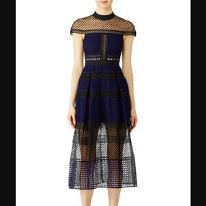 Self-Portrait Crosshatch Midi Dress in Navy/Black Size 0